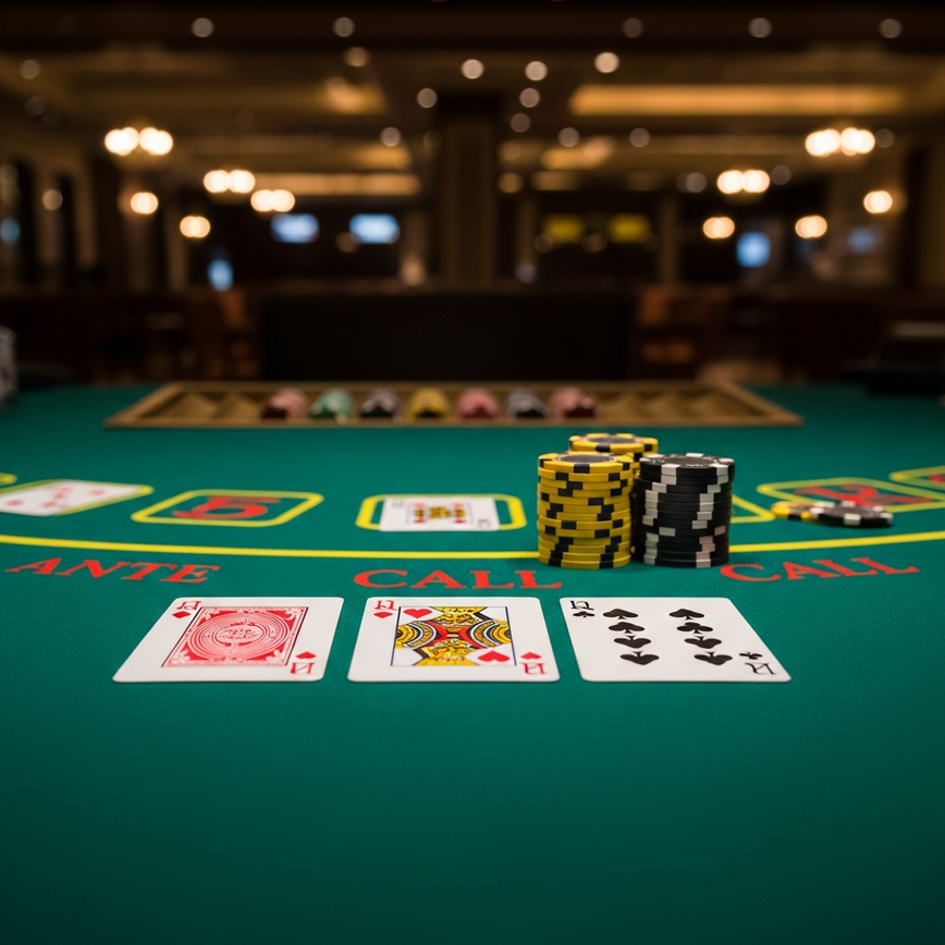 Illustrates the core gameplay flow of Casino Hold'em, showing the initial card distribution and the decision point (Call/Fold).