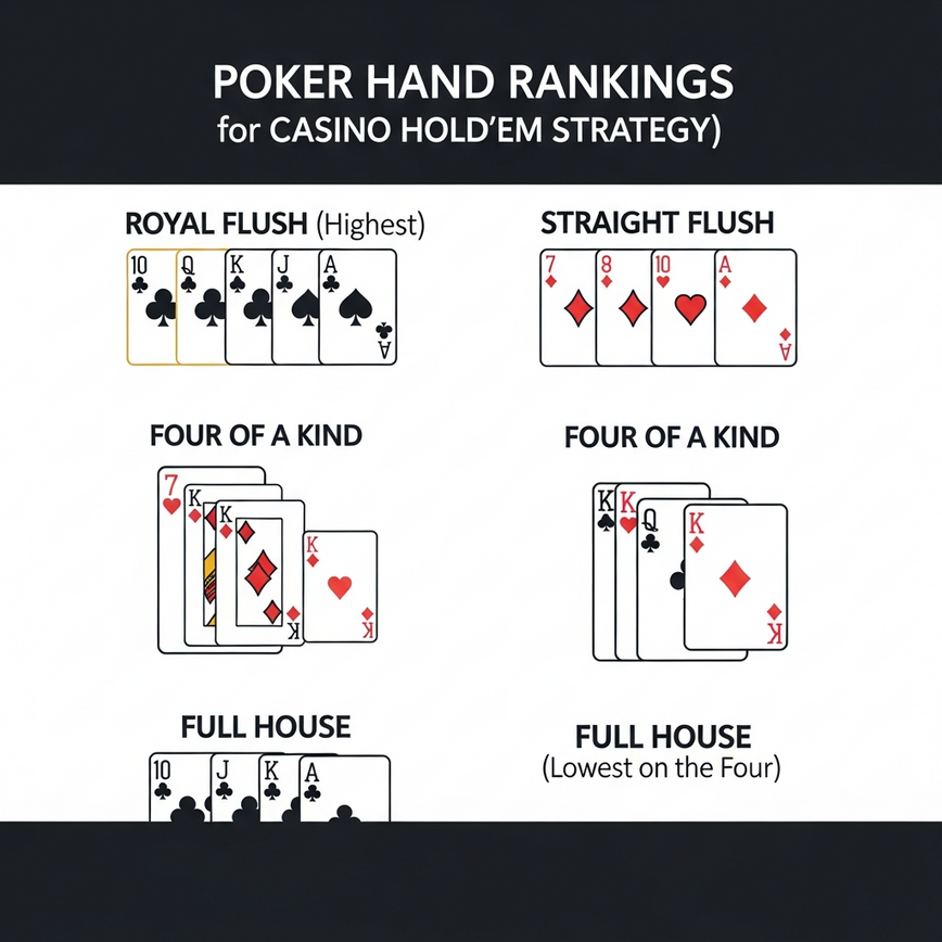 Visualizes the strategic elements of Casino Hold'em, focusing on poker hand rankings and their importance in strategy and payouts.