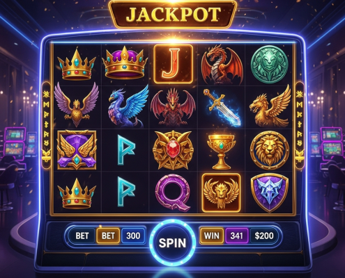 Vibrant and detailed online slot machine interface with a fantasy movie theme, showing spinning reels, glowing jackpot display, and premium casino graphics, representing licensed entertainment slots.