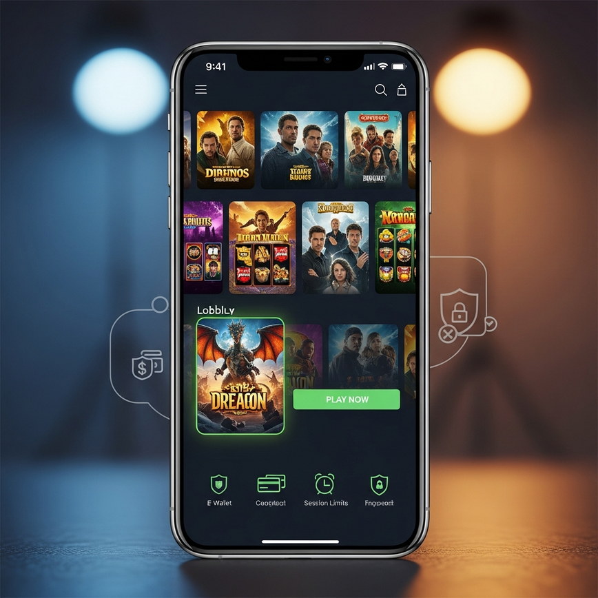 Highlights the mobile gaming experience and secure banking aspects of licensed entertainment slots on a modern online casino platform.