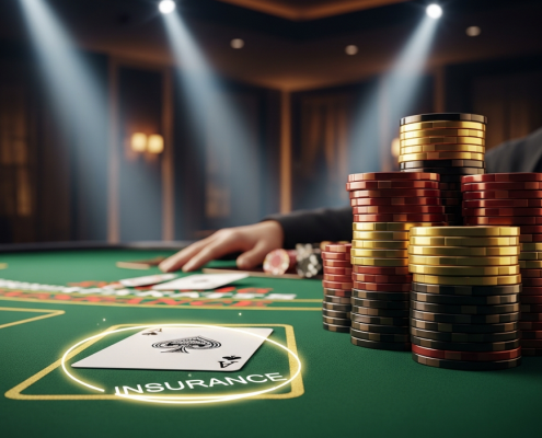 A high-definition, close-up image of a luxurious online blackjack table, featuring a dealer's Ace upcard, a neat stack of player's casino chips, and a subtle conceptual 'Insurance' bet indicator on the green felt, highlighting the decision point in the game.