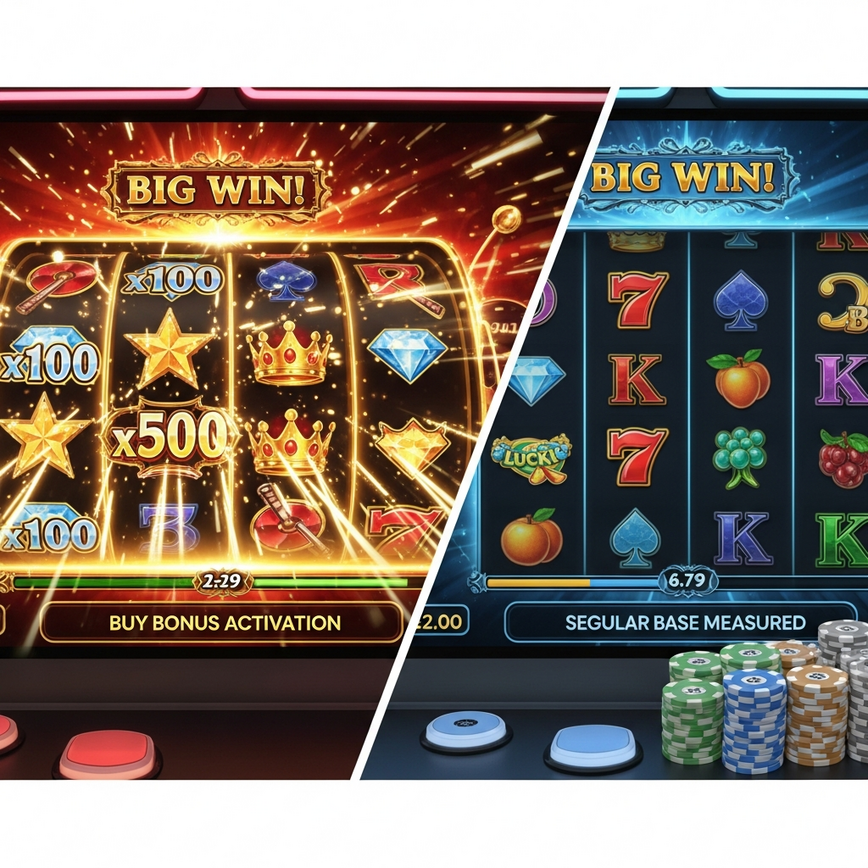 Visualizes the contrast between the quick, high-stakes nature of a bonus buy and the patient, extended gameplay of natural bonus hunting or bankroll management.