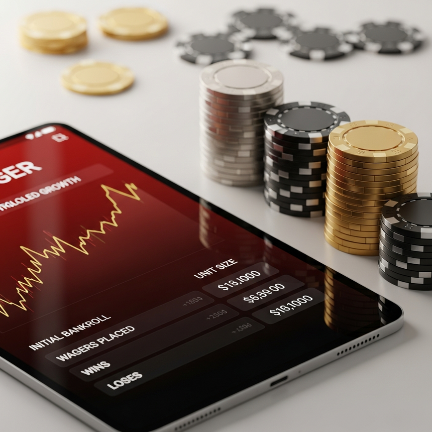 Illustrates the concept of bankroll management and stake sizing methods, showing financial tracking alongside capital.