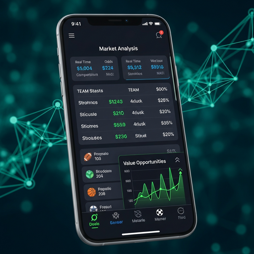 Depicts the use of mobile technology and data analysis tools for strategic betting, focusing on market analysis and odds comparison.