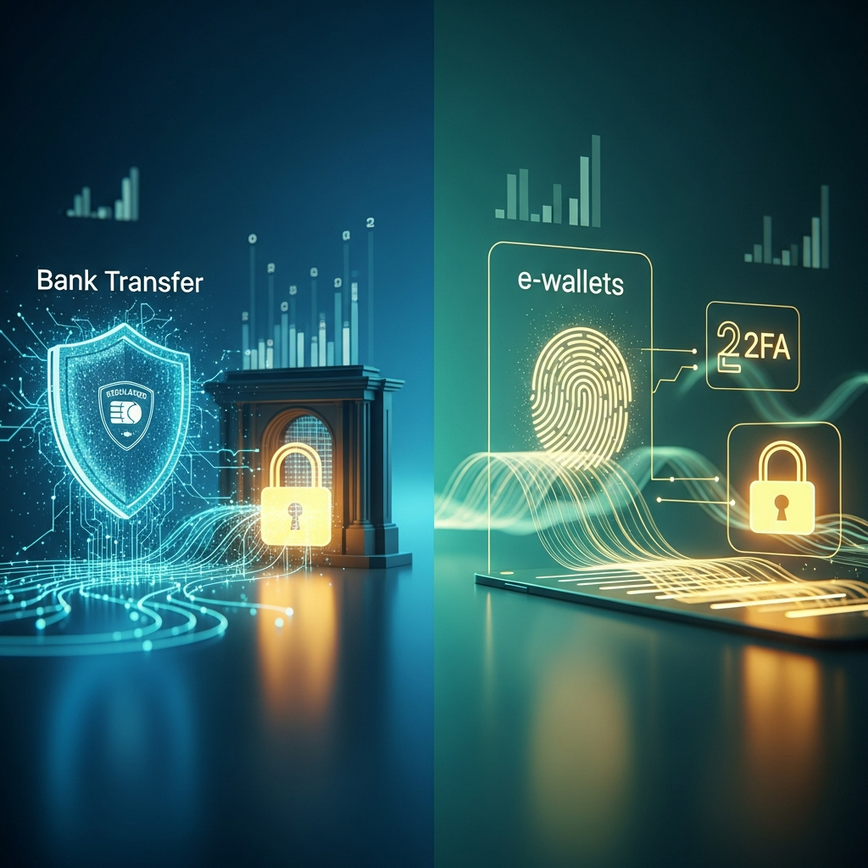 Visualizes the distinct security features and implied transaction limits of bank transfers and e-wallets, emphasizing protection and reliability.