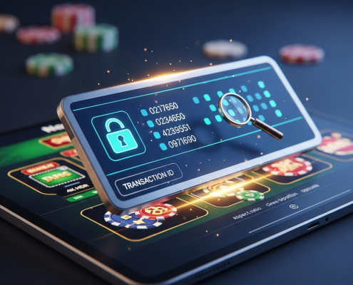 Digital representation of secure online casino transaction documentation, featuring a glowing transaction log, a secure padlock, and a magnifying glass over a tablet displaying a casino interface, symbolizing financial protection and record-keeping.