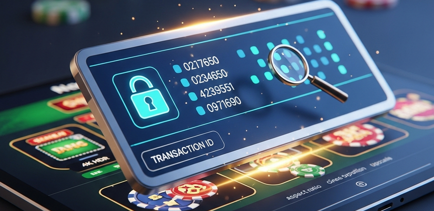 Digital representation of secure online casino transaction documentation, featuring a glowing transaction log, a secure padlock, and a magnifying glass over a tablet displaying a casino interface, symbolizing financial protection and record-keeping.
