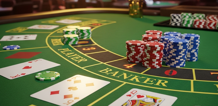 Premium online baccarat table interface with cards and virtual chips, emphasizing strategic betting on Player or Banker to avoid common mistakes.