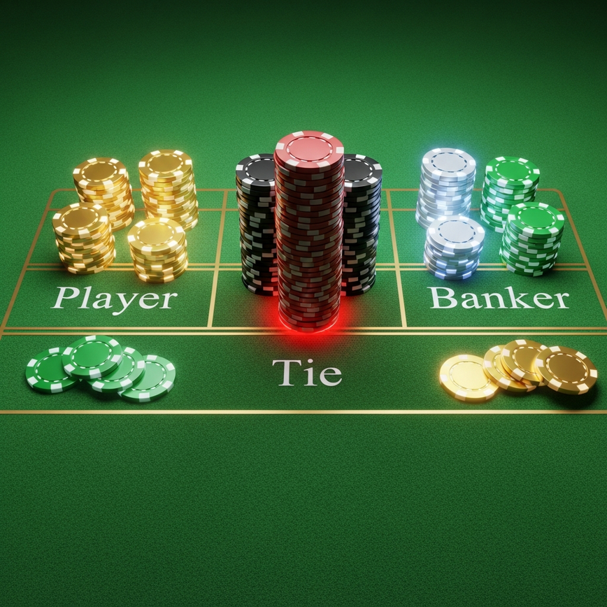 Illustrates the high risk and low desirability of the Tie bet in baccarat compared to Player and Banker bets, visually representing the house edge concept.
