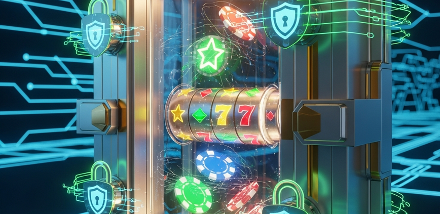 A futuristic digital vault with glowing security locks, protecting a glimpse of online casino game elements, symbolizing robust account security for online casino players.
