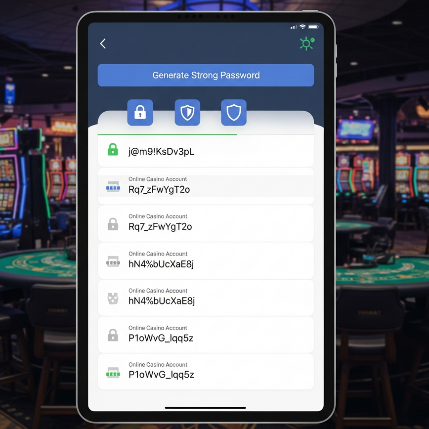 展示密码管理器为多个在线赌场账户安全地生成和存储独特、复杂密码的概念。
