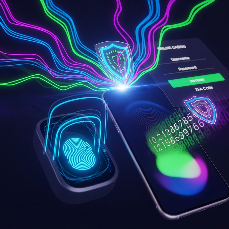 描绘了用于在线赌场登录的双重身份验证 (2FA) 的多层安全性，包括生物识别和验证器应用元素。