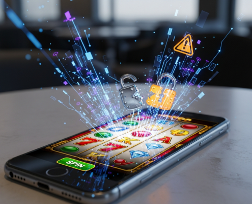A smartphone displaying a vibrant online casino slot game interface, with abstract glowing lines and fragmented data packets visibly leaking around it, symbolizing data interception on public WiFi.