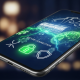 Sleek smartphone displaying a secure online casino app interface with glowing padlock and shield icons, set against a luxurious, blurred background, symbolizing safe mobile gaming in Malaysia.
