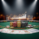 Luxurious Baccarat table with neatly stacked casino chips and fanned cards, subtly integrated with abstract digital elements representing bankroll security and growth, for an article on managing Baccarat funds.