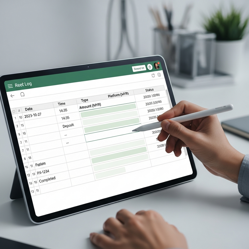 描绘了使用电子表格创建和维护数字交易日志的过程，强调组织性和清晰度。