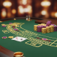 Luxurious online live baccarat table with two distinct virtual chip stacks on the Banker bet area, symbolizing the choice between commission and no-commission variants, set against a sophisticated casino backdrop.