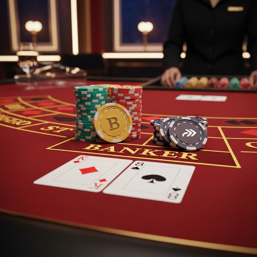 展示了传统的佣金百家乐游戏，重点突出庄家获胜以及5%佣金的概念。