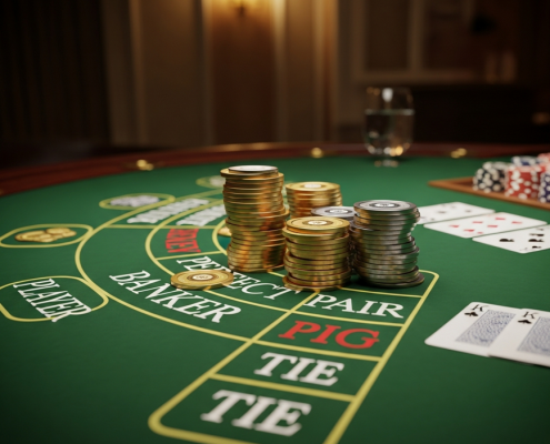 Luxurious online Baccarat table with virtual chips on main and side bet areas, illustrating the article on side bet value and risk.