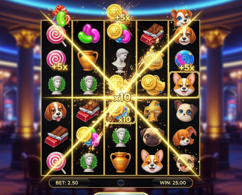 Vibrant online slot machine interface with cascading winning symbols and glowing multiplier effects, set against a luxurious online casino backdrop, representing Pragmatic Play's popular games.