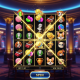 Vibrant online slot machine interface with cascading winning symbols and glowing multiplier effects, set against a luxurious online casino backdrop, representing Pragmatic Play's popular games.