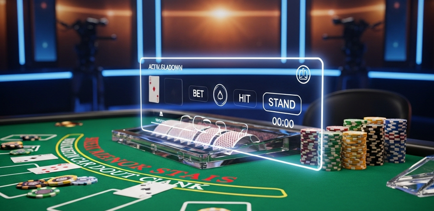 Immersive view of a live dealer blackjack table with physical cards, chips, and a transparent digital interface overlay, set in a premium online casino studio.