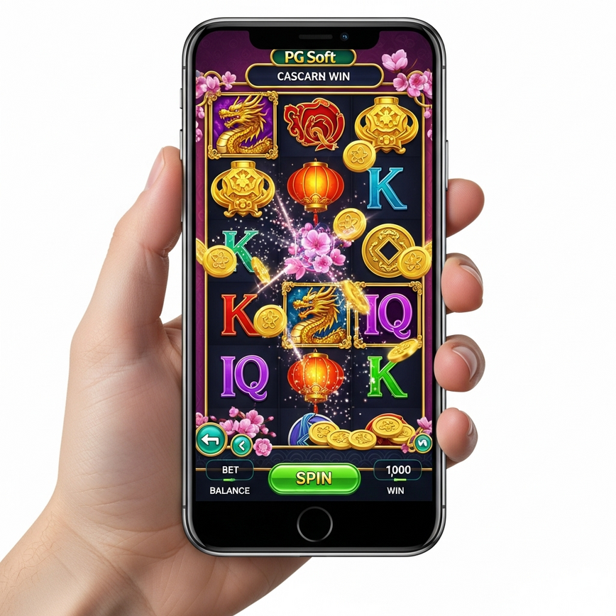 描绘 PG Soft 老虎机的“卓越移动游戏体验”，展示了一部智能手机，其屏幕上显示着具有流畅图形和触控友好设计的游戏界面。