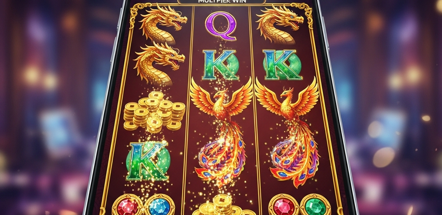 A vibrant Jili-style online slot machine interface on a mobile device, featuring Asian cultural symbols like golden dragons and lucky coins, with cascading wins and a progressive jackpot display, representing its popularity and high RTP in Asian markets.