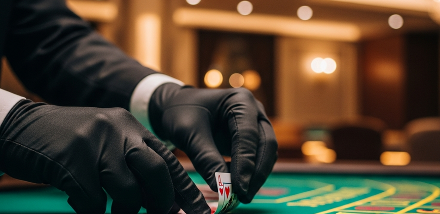 Extreme close-up of a live casino dealer's hands slowly bending a baccarat card, revealing a pip on a green felt table, highlighting the suspense of squeeze baccarat.