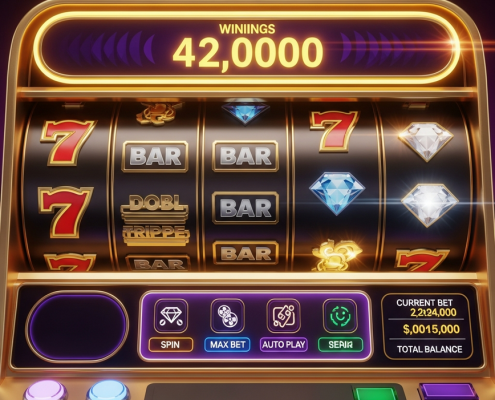 Vibrant progressive jackpot slot machine interface showing spinning reels with winning symbols and a large, glowing jackpot display, representing Microgaming classics on a premium online casino platform.