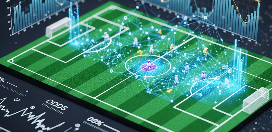 Stylized football pitch with glowing holographic data overlays, including heatmaps, network graphs, and statistical charts, representing advanced match analysis for sports betting.