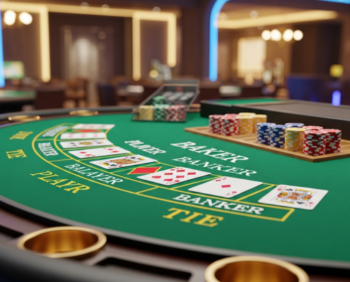 Luxurious online 3-Card Baccarat table showing three cards dealt to Player and Banker hands, with generic casino chips, set against a sophisticated casino backdrop.