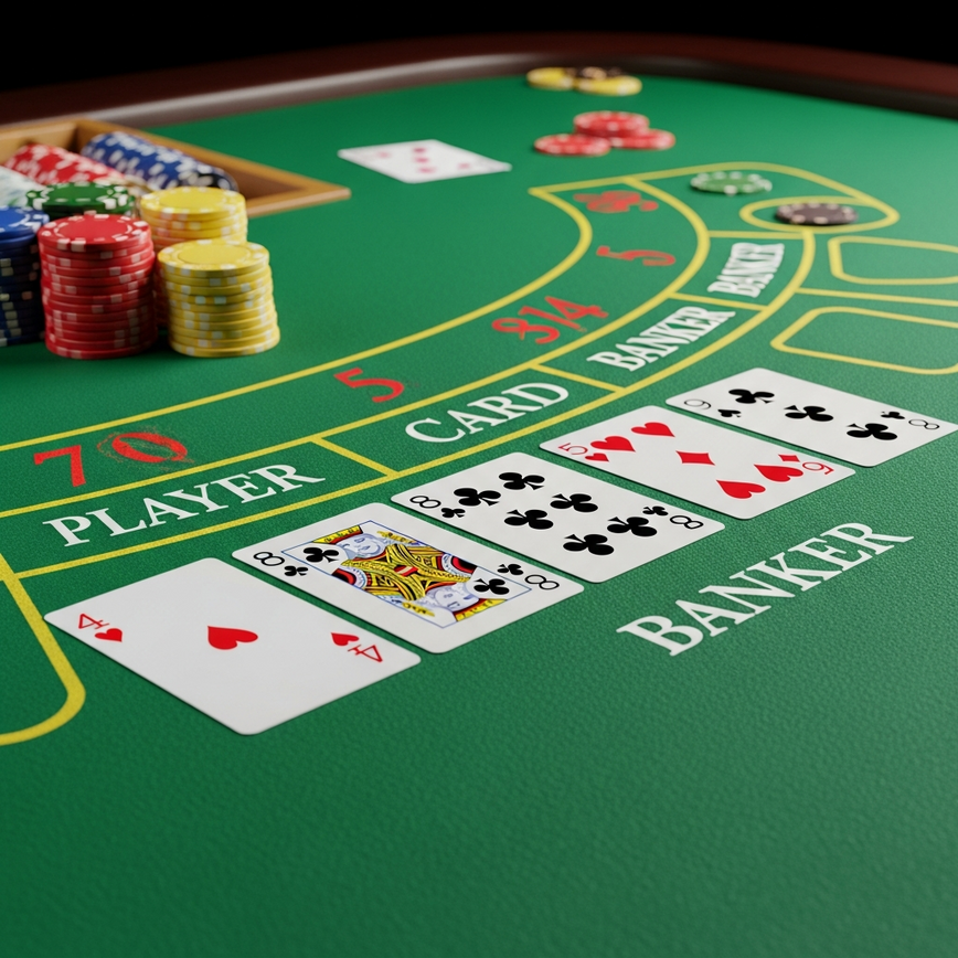 Illustrates the basic gameplay and hand evaluation process of 3-Card Baccarat, showing example card values on the table.