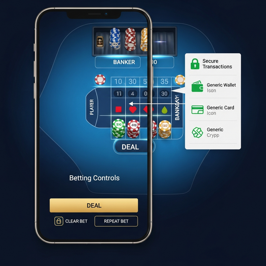 Visually represents the modern online casino platform experience, highlighting security and user-friendly interface for 3-Card Baccarat at iBET Malaysia.