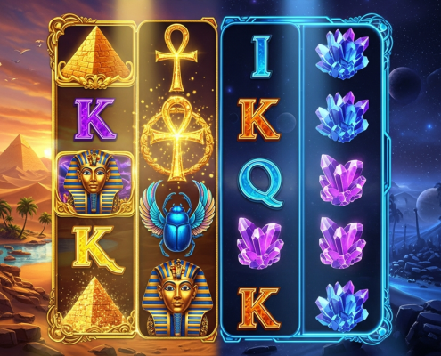 Dynamic online slot machine interface blending Ancient Egyptian and futuristic space themes, showcasing vibrant winning symbols and engaging graphics on a premium online casino platform.