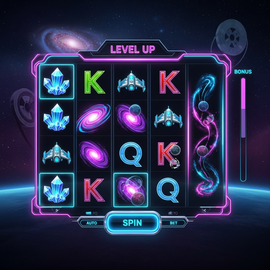 Illustrates the 'Space and Sci-Fi: The Final Frontier of Slots' section, showcasing modern, innovative, and visually striking futuristic elements.