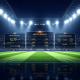 Dynamic image of a football stadium at night with a futuristic digital overlay showing Premier League betting odds and match statistics.