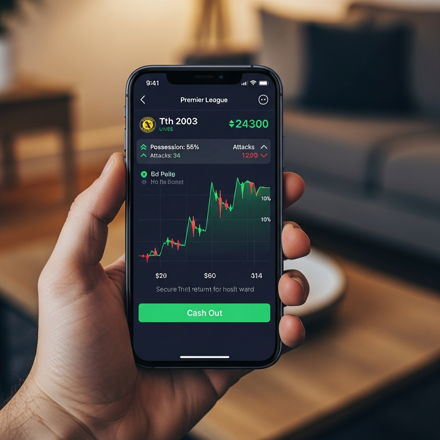 在移动设备上可视化滚球投注和赛中策略的动态特性，突出显示实时赔率和提前兑现功能。