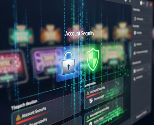 Sleek online casino interface with a prominent digital padlock and shield icon, representing account security and immediate action against hacking, set against a backdrop of abstract cyber security elements.