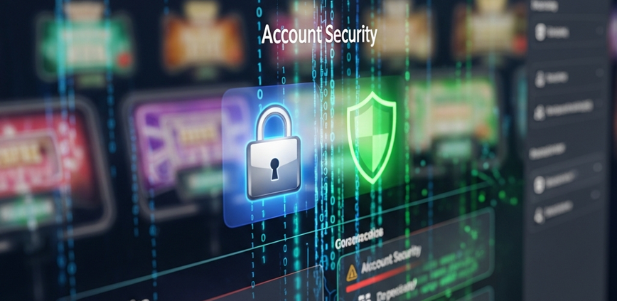 Sleek online casino interface with a prominent digital padlock and shield icon, representing account security and immediate action against hacking, set against a backdrop of abstract cyber security elements.