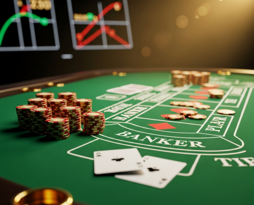 Luxurious baccarat table in an Asian casino setting, featuring playing cards, casino chips, and a detailed scorecard, symbolizing the game's cultural significance and popularity.