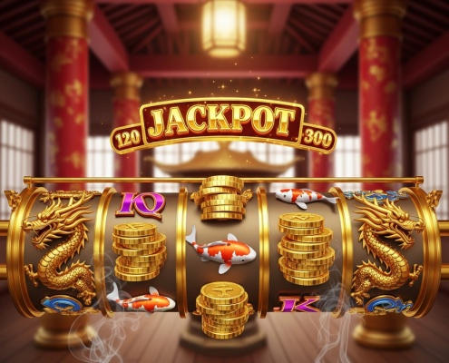 Vibrant online slot machine interface with golden dragon symbols, lucky coins, and a prominent jackpot display, representing Asian-themed casino games.
