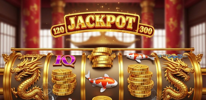 Vibrant online slot machine interface with golden dragon symbols, lucky coins, and a prominent jackpot display, representing Asian-themed casino games.