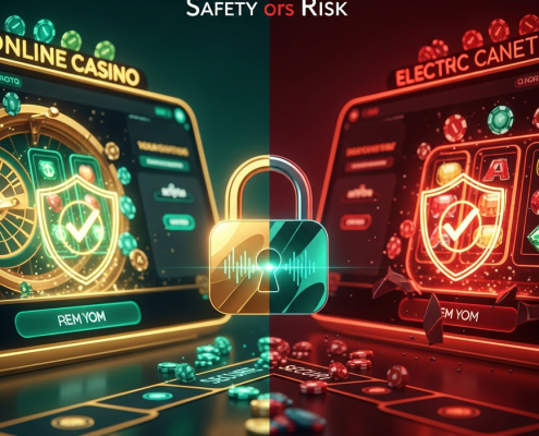 Conceptual image showing the duality of VPN use at online casinos, with one side depicting a secure, compliant gaming interface and the other illustrating potential risks and security flags.