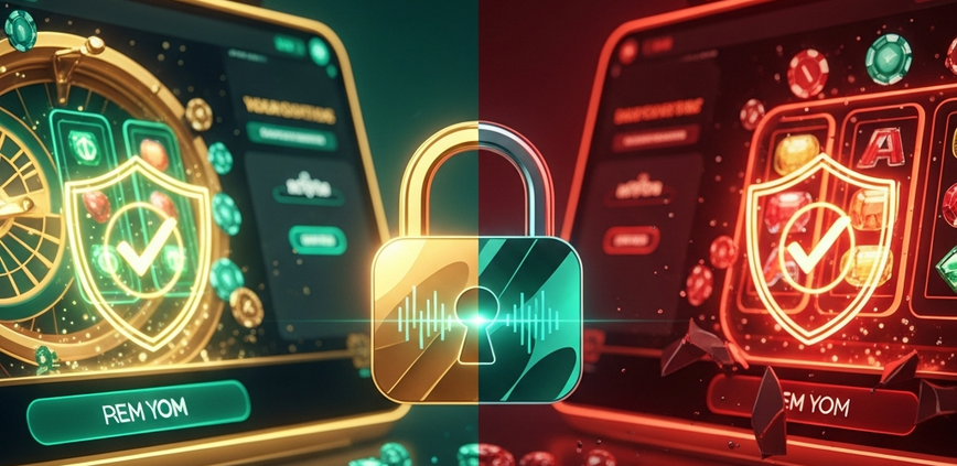 Conceptual image showing the duality of VPN use at online casinos, with one side depicting a secure, compliant gaming interface and the other illustrating potential risks and security flags.