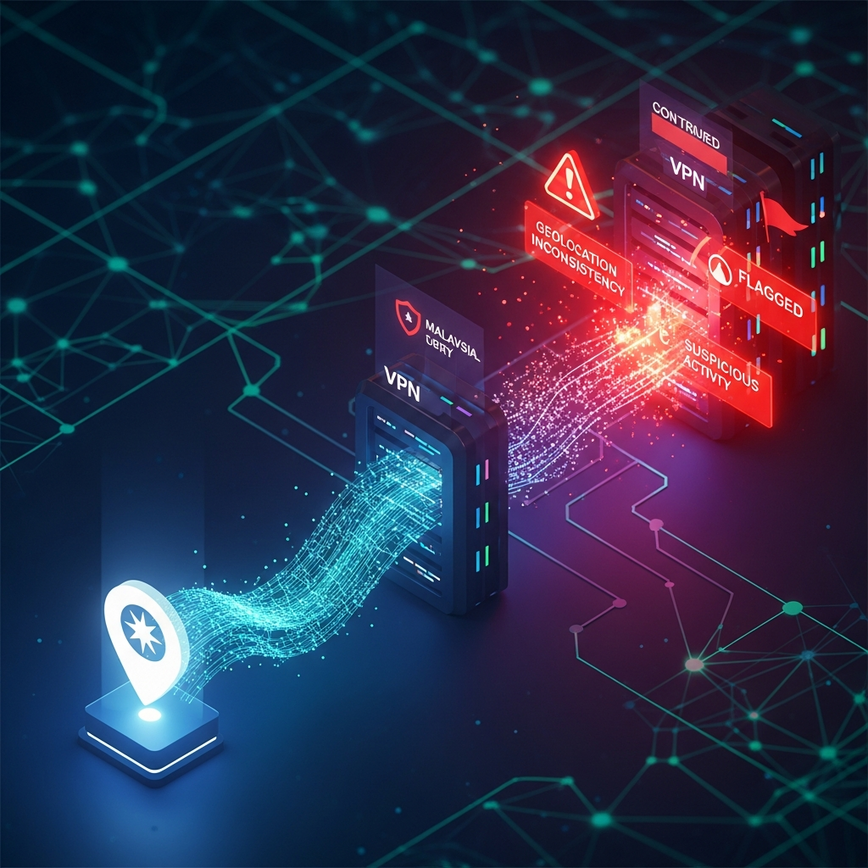 Illustrates how VPN usage triggers anti-fraud systems and geolocation inconsistencies, leading to account flags and delays in online casino operations.