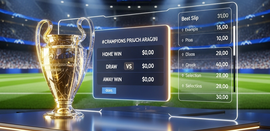 Dynamic digital sports betting interface displaying Champions League odds with a glowing generic trophy and a blurred football stadium background, representing European football betting.