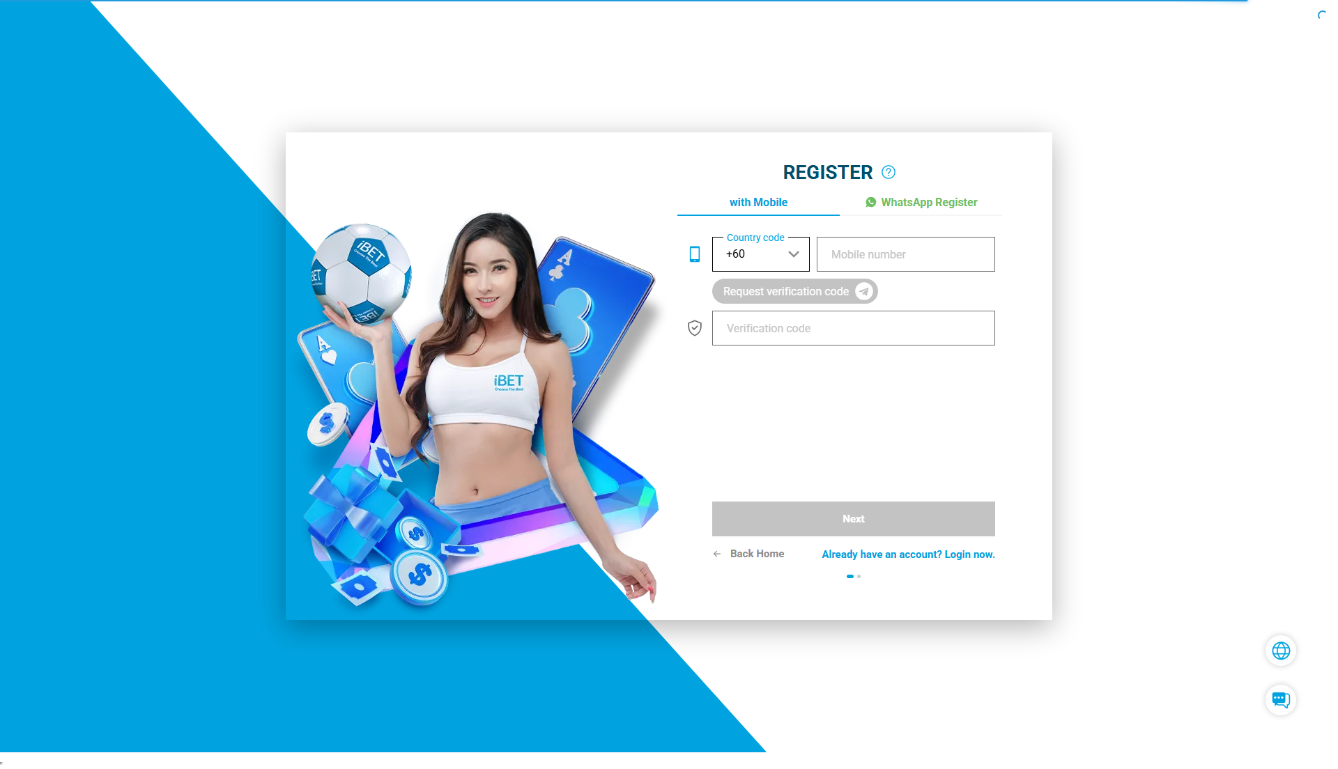 iBET Registration Page - Mobile and WhatsApp Register
