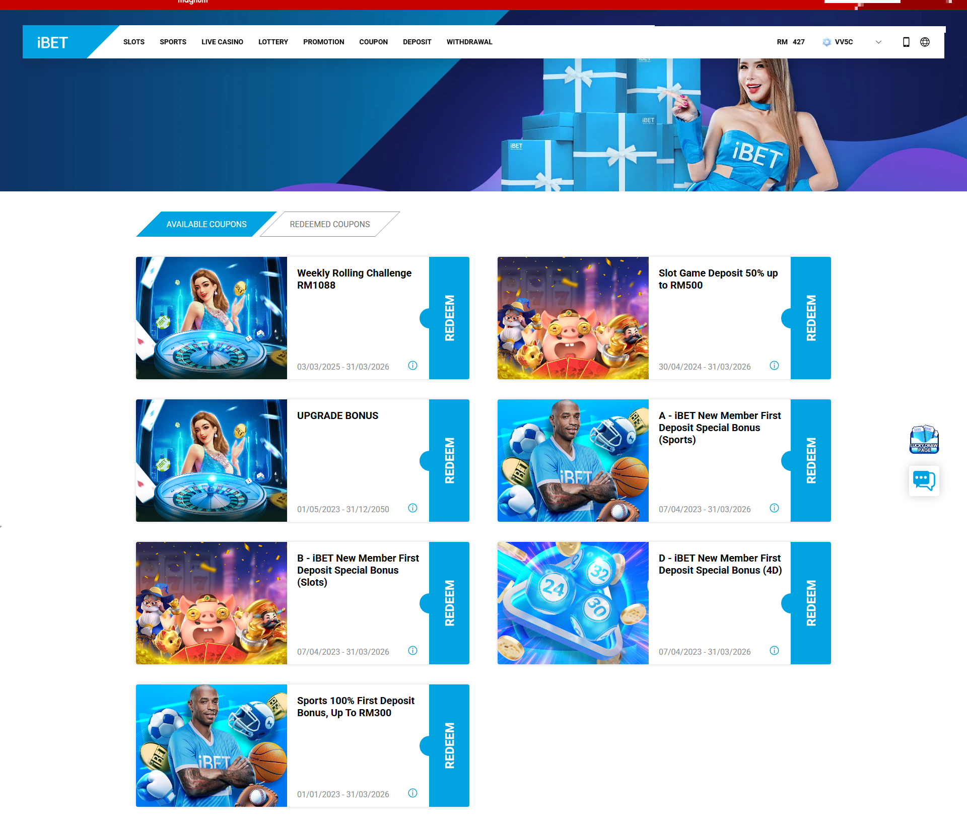 iBET Coupons Page - Redeem Available Bonus Coupons