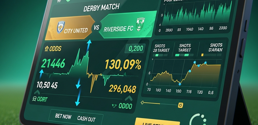 A dynamic online sports betting interface displaying a football derby match fixture with fluctuating odds and statistical graphs, set against a blurred, dramatically lit stadium background, symbolizing high-stakes football betting.